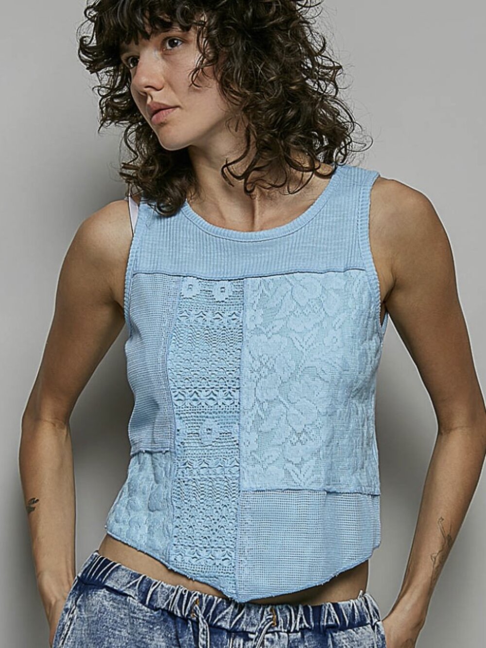 POL Light Blue Lace & Knit Patchwork Tank Top